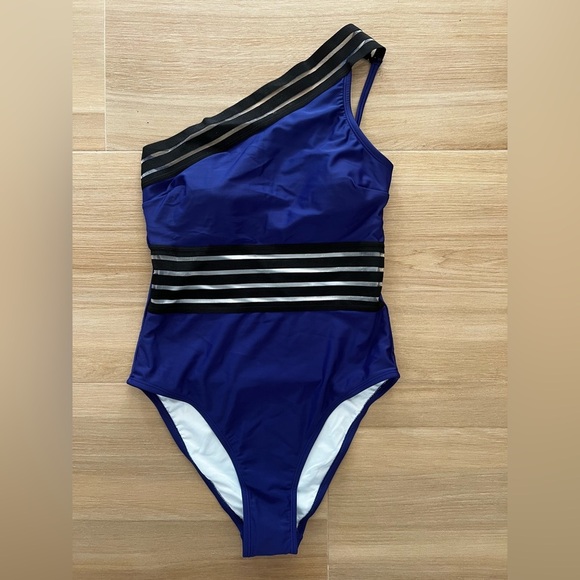 Cupshe Blue One Shoulder One Piece Swimsuit Mesh Waist Womens Small Large - Picture 4 of 6